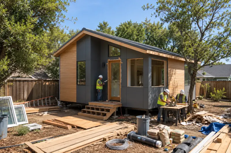 Workers building a detached backyard accessory dwelling unit