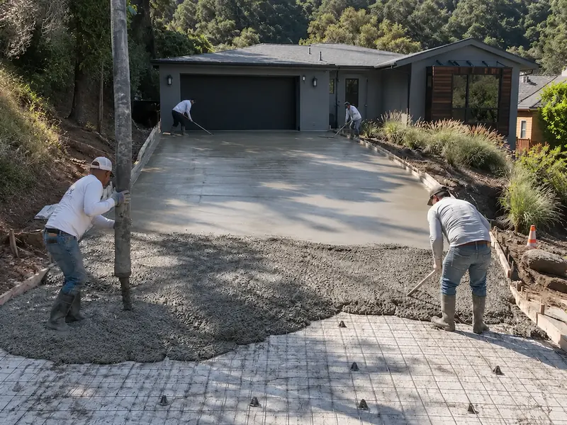 Concrete crew placing and finishing a residential driveway