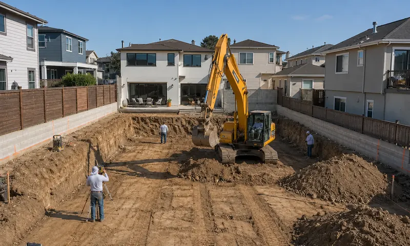 Excavator and crew preparing a residential construction site