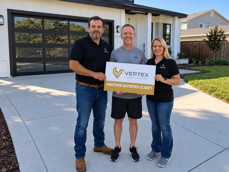 Three people holding a Vertex sign on a concrete driveway