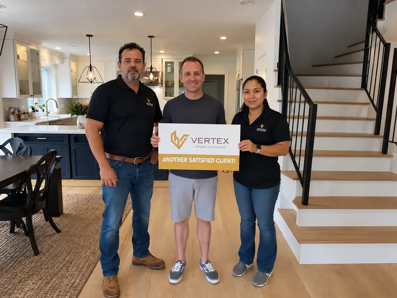Three people holding a Vertex sign inside a remodeled home